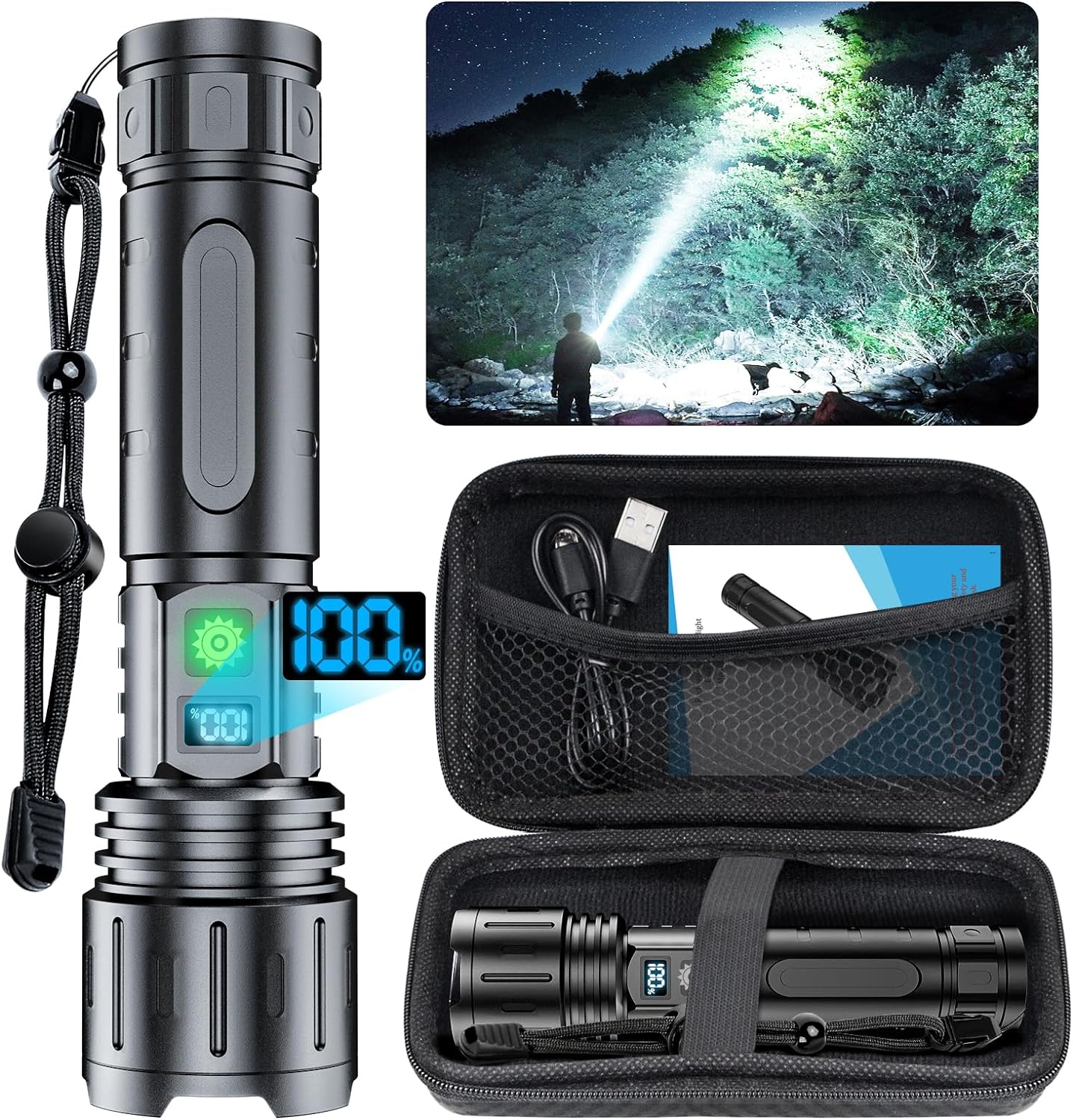 3 Pack Rechargeable Flashlights High Lumens, 90000LM Super Bright LED Flashlight, Adjustable Powerful Flash Light With 5 Modes & USB Cable, Waterproof Handheld Flashlight For Home Camping Outdoor