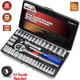 40 Pieces - EPAuto 1/4-Inch & 3/8-Inch Drive Socket Set with 72 Teeth Reversible Ratchet
