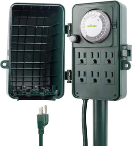 BN-LINK 24 Hour Mechanical Outdoor Multi Socket Timer, Waterproof Cover with 6 Outlet Garden Power Stake