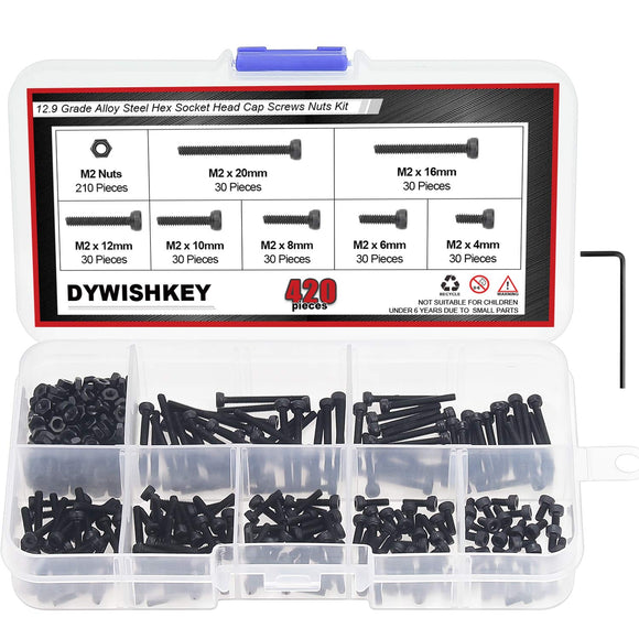 DYWISHKEY 420 Pieces M2 x 4mm/6mm/8mm/10mm/12mm/16mm/20mm, 12.9 Grade Alloy Steel Hex Socket Head Cap Bolts Screws Nuts Kit with Hex Wrench