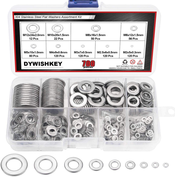 DYWISHKEY 700Pcs 9 Sizes Stainless Steel Flat Washers Assortment Kit (M2 M2.5 M3 M4 M5 M6 M8 M10 M12)