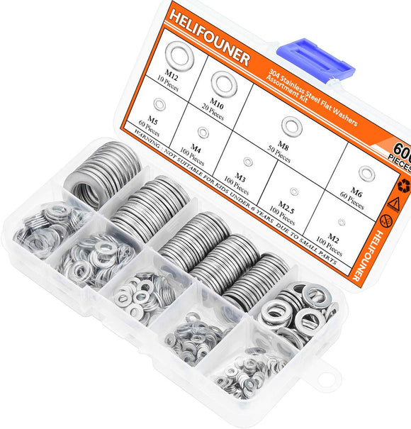 HELIFOUNER 600 Pieces 9 Sizes 304 Stainless Steel Flat Washers Assortment Kit (M2 M2.5 M3 M4 M5 M6 M8 M10 M12)