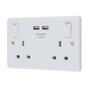 LAP 2-GANG SP 13A SWITCHED SOCKET + 3.1A 2-OUTLET USB CHARGER WHITE